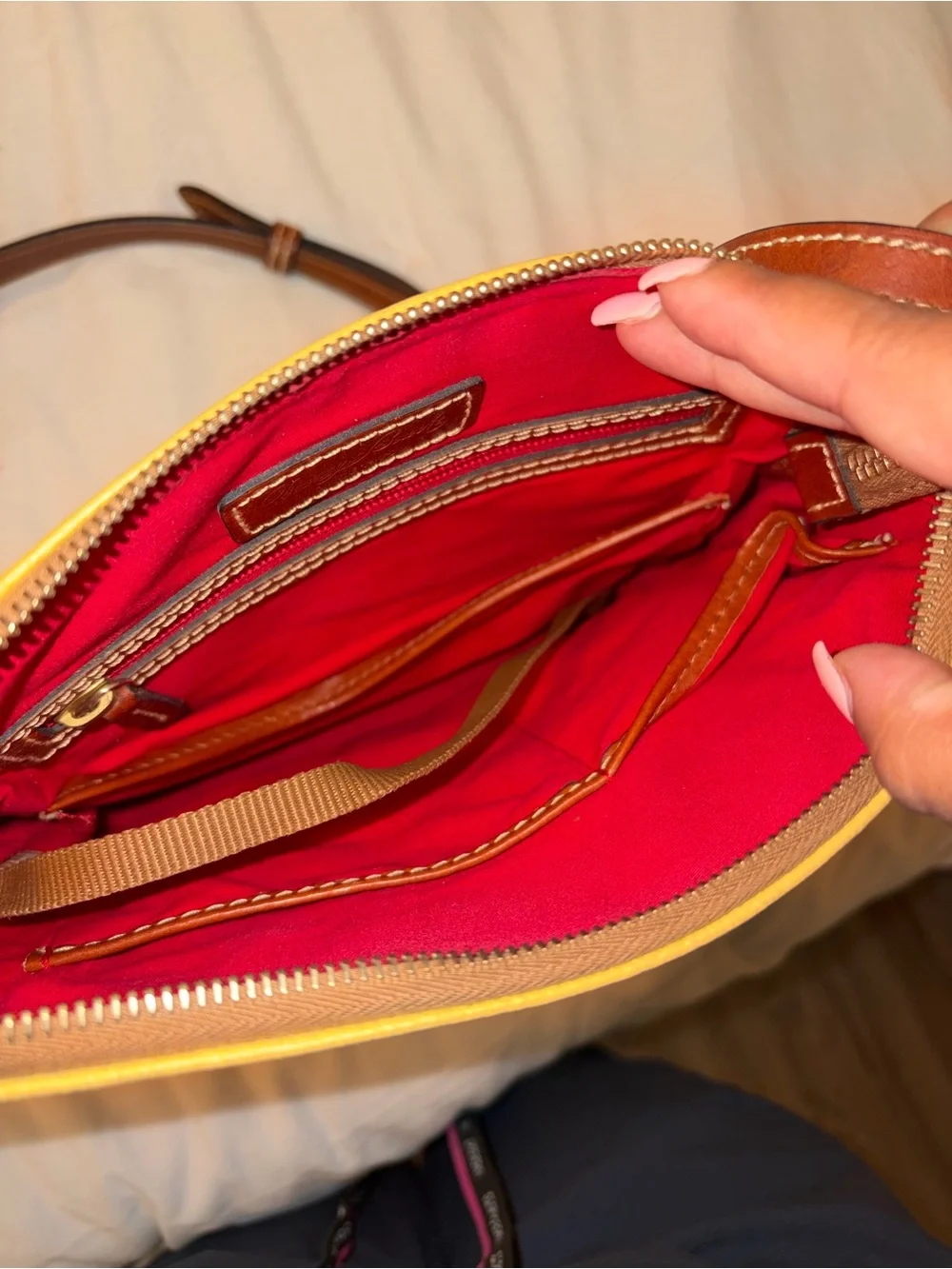 Dooney & Bourke Yellow Leather Crossbody Bag with Brown Trim